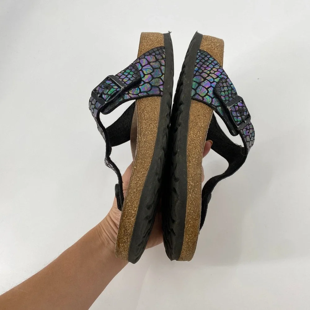 Birkenstock Mermaid Sandals Womens 36 Black Iridescent Snake Print Thong Buckle